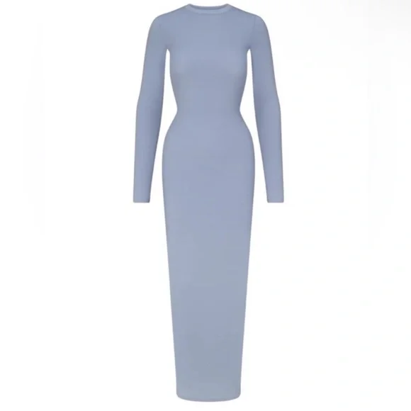 NWT SKIMS Fits Everybody Crew Neck Long Sleeve Dress Maxi | Slate - Picture 2 of 4